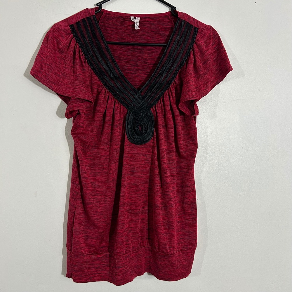 Studio Y Red Blouse Top Flutter Sleeve V Neck Knit Casual Comfortable Small